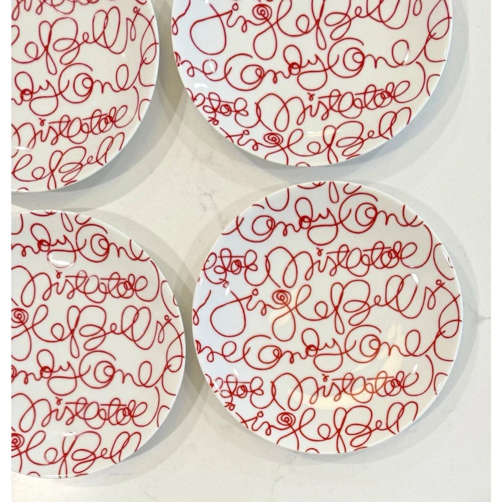 Set of 4 CRATE & BARREL Artwork Script Christmas Holiday Salad Plates 8.5